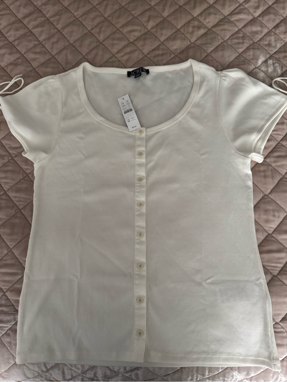 J. Crew Perfect Ribbed Button-Front Scoop Neck Top with Satin Trim, Ivory - Picture 2 of 11